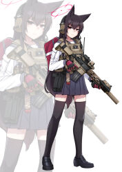  1girl animal_ears assault_rifle backpack bag black_hair black_thighhighs blue_archive bulletproof_vest commentary_request earphones fox_ears fox_girl gun h&amp;k_hk416 halo handgun highres holding holding_weapon looking_at_viewer magazine_(weapon) red_eyes red_halo rifle sailor_collar sekino_takehiro simple_background skirt solo thigh-highs vest weapon weapon_request yukino_(blue_archive) 