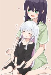  2girls age_difference barefoot beamed_eighth_notes black_hair black_shirt brown_background cho_kaguya-hime! closed_eyes collarbone commentary_request eighth_note green_eyes green_pajamas grey_hair heart long_hair long_shirt mole mole_under_eye multiple_girls musical_note open_mouth pajamas pink_hair runami_yachiyo sakayori_iroha shirt short_sleeves sitting sitting_on_lap sitting_on_person smile sonoko_neko 