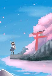  1girl :d absurdres arm_up black_hair black_socks blue_sailor_collar blue_skirt blue_sky blush cherry_blossoms commentary_request day fubuki_(kancolle) green_eyes highres kantai_collection kneehighs ma_rukan open_mouth outdoors petals pleated_skirt ponytail rock sailor_collar school_uniform serafuku short_hair short_ponytail short_sleeves skirt sky smile smokestack socks solo standing torii 