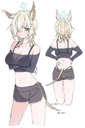  1girl animal_ears back bare_legs bare_shoulders belly black_bra blonde_hair blue_archive blue_eyes blue_halo blush bra commentary_request from_behind halo highres kanna_(blue_archive) looking_at_viewer navel o_ame_9 off_shoulder one_eye_covered short_hair shorts simple_background solo tail underwear white_background wolf_ears 