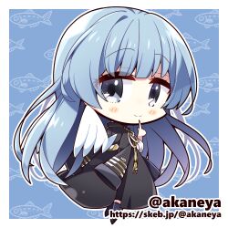  1girl akaneya black_boots black_coat blue_background blue_eyes blue_hair blush_stickers boots border character_request closed_mouth coat commentary_request commission copyright_request from_behind full_body hand_up long_hair long_sleeves looking_at_viewer looking_back lowres outline outside_border shirt skeb_commission smile solo standing twitter_username very_long_hair web_address white_border white_outline white_shirt 