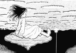  1girl artist_name barefoot clouds commentary dated dress floating_hair floating_rock greyscale hatching_(texture) linear_hatching long_hair long_sleeves looking_afar monochrome on_rock original outdoors rock sitting sky solo sun sunset traditional_media zpihr6jprso2r2l 