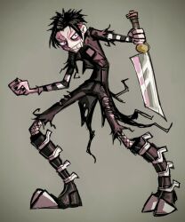  1boy black_hair boots coat fishnets goth_fashion grimace highres hoof_shoes johnny_c johnny_the_homicidal_maniac painterly pants skinny standing teeth torn_clothes torn_coat torn_pants undercut zombiemanwillbefree 