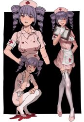  1girl apron armband clipboard cross dress drill_hair eyepatch gloves hat high_heels highres holding holding_clipboard holding_syringe medical_eyepatch mika_030 multiple_views nurse nurse_cap original pink_dress red_cross red_eyes scalpel squatting syringe thigh-highs twin_drills twintails v white_gloves white_thighhighs 