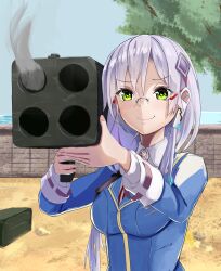  1girl closed_mouth commentary_request earphones glasses green_eyes grey_hair hair_ornament hair_tie heaven_burns_red highres holding holding_weapon izumi_yuki long_hair m202_flash multishot_rocket_launcher over_shoulder rocket_launcher sakeluck school_uniform smile weapon weapon_over_shoulder 