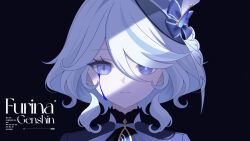  1girl absurdres black_hat blue_eyes blue_shirt closed_mouth commentary crying crying_with_eyes_open fuminshou_(nekopan_art) furina_(genshin_impact) genshin_impact hat highres looking_at_viewer medium_hair mini_hat mini_top_hat shirt sidelocks simple_background solo tears top_hat upper_body white_hair 