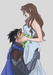  1boy 1girl absurdres aerith_gainsborough blue_cape blush brown_hair cape commentary dress earrings eye_contact final_fantasy final_fantasy_vii final_fantasy_vii_rebirth final_fantasy_vii_remake gauntlets grey_background highres hug jewelry long_hair looking_at_another lumiaeria profile short_hair sidelocks simple_background strapless strapless_dress zack_fair 