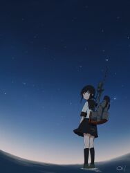  1girl absurdres anchor artist_logo black_eyes black_hair black_sky commentary_request fisheye from_behind fubuki_(kancolle) fubuki_kai_ni_(kancolle) gradient_sky highres horizon kantai_collection logo long_hair looking_at_viewer looking_back low_ponytail ma_rukan mast night ocean open_mouth pleated_skirt ponytail rigging sailor_collar school_uniform serafuku short_ponytail sidelocks skirt sky smokestack solo standing star_(sky) starry_sky ventilation_shaft 