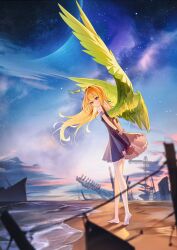  1girl absurdres arms_behind_back bandaged_arm bandaged_leg bandages bare_shoulders barefoot beach black_dress blonde_hair closed_mouth clouds cloudy_sky dress full_body green_wings highres leaning_forward legs long_hair looking_at_viewer ocean original planet red_eyes ship sky sleeveless solo standing star_(sky) starry_sky tiokun7 watercraft wings 