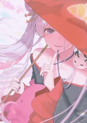  1girl absurdres bare_shoulders black_kimono cho_kaguya-hime! collarbone commentary_request finger_to_own_chin fushi_(cho_kaguya-hime!) hair_ornament hair_rings hair_stick halterneck highres holding holding_umbrella japanese_clothes kimono long_hair long_sleeves looking_at_viewer oil-paper_umbrella open_mouth purple_nails red_umbrella ririru runami_yachiyo smile twintails umbrella upper_body wide_sleeves 