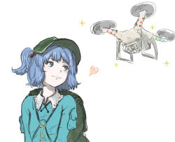  1girl backpack bag blue_eyes blue_hair blue_shirt blush closed_mouth contrapposto frilled_shirt_collar frills green_bag green_hat hair_bobbles hair_ornament hat heart jewelry kashiwada_kiiho kawashiro_nitori key key_necklace looking_at_object necklace newsboy_cap object_request shirt short_hair simple_background smile solo_focus sparkle touhou two_side_up white_background 