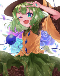  1girl absurdres aqua_nails black_hat blue_flower blue_rose buttons collared_shirt commentary_request diamond_button eyeball floral_print flower frilled_shirt_collar frilled_sleeves frills gagaku_kawa_rei green_eyes green_hair green_skirt hat heart heart_of_string highres koishi_day komeiji_koishi long_sleeves looking_at_viewer one_eye_closed open_mouth print_skirt purple_flower purple_rose rose rose_print shirt skirt smile solo third_eye touhou yellow_shirt 