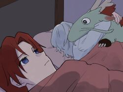 2girls 500_dollar_four_foot_tall_mareep_(meme) blue_eyes commentary_request expressionless grey_hair highres hong_meiling izayoi_sakuya lying meme multiple_girls on_back on_side red_hair shared_bed shirt stuffed_animal stuffed_dragon stuffed_toy touhou ukei624 under_covers white_shirt 