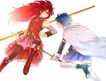  blue_hair long_hair magical_girl mahou_shoujo_madoka_magica miki_sayaka multiple_girls polearm ponytail red_eyes red_hair redhead sakura_kyouko short_hair sword thighhighs translation_request weapon 