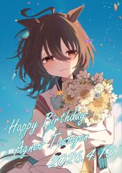  1girl agnes_tachyon_(tach-nology)_(umamusume) agnes_tachyon_(umamusume) ahoge akarimaru animal_ears blue_sky blush bouquet brown_hair character_name chemical_structure closed_mouth clouds coat cork crying earrings flower hair_between_eyes happy_birthday highres holding holding_bouquet horse_ears horse_girl jewelry lab_coat long_sleeves red_eyes shirt single_earring sky sleeves_past_fingers sleeves_past_wrists smile solo sweater tail tears test_tube umamusume white_coat wolf_cut yellow_sweater 