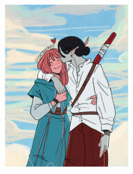  2girls ^_^ adventure_time arm_around_shoulder black_hair blue_capelet blue_skirt blue_sky capelet closed_eyes colored_skin commentary english_commentary flat_chest grey_skin hair_bun heart highres holding_hands isatpanart kiss kissing_cheek long_hair marceline_abadeer multiple_girls pants pink_hair pink_skin pointy_ears princess_bonnibel_bubblegum red_pants shirt skirt sky vampire white_shirt yuri 