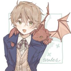  1boy axis_powers_hetalia blonde_hair blush collared_shirt commentary_request dragon dragon_on_shoulder green_eyes jacket looking_at_viewer male_focus negi_01412 open_mouth shirt short_hair small_dragon smile solo sweater thick_eyebrows upper_body wales_(hetalia) 