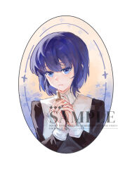  1girl blue_eyes blue_hair border ciel_(tsukihime) closed_mouth cross highres holding holding_cross looking_at_viewer round_border sample_watermark solo tsukihime upper_body watermark white_border yuzhenuuu11981 