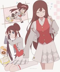  >_< 1girl absurdres blue_eyes bread bread_slice brown_hair closed_mouth collared_shirt commentary_request dog donut_hair_bun double_bun fidough flying_sweatdrops food food_in_mouth grey_jacket hair_bun hair_down highres jacket late_for_school long_hair long_sleeves mouth_hold neckerchief official_alternate_costume open_clothes open_jacket parted_lips pokemon pokemon_(creature) pokemon_masters_ex red_vest rone_(5uno0nova4) rosa_(academy)_(pokemon) rosa_(pokemon) running school_uniform shirt shoes skirt socks speech_bubble thought_bubble toast toast_in_mouth twintails tying_hair vest white_shirt white_socks yellow_neckerchief 