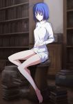  bad_id barefoot blue_eyes blue_hair book bookshelf bottomless feet kusasiromitune library long_legs original sitting solo sweater yoshida_takuma 