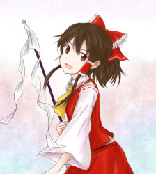  1girl :d bow brown_eyes brown_hair collared_shirt contrast_collar frilled_bow frilled_hair_tubes frills gohei hair_between_eyes hair_bow hair_tubes hakurei_reimu holding holding_gohei kashiwada_kiiho medium_hair open_mouth red_bow red_shirt red_skirt ribbon-trimmed_sleeves ribbon_trim shirt skirt smile solo touhou white_sleeves 