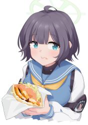  1girl :t absurdres aqua_eyes black_hair blue_archive blue_sailor_collar blue_serafuku chewing commentary_request cropped_torso doner_wrap eating food food_on_face green_halo halo highres holding holding_food looking_at_viewer missing_headwear miyano_apsis neckerchief sailor_collar saki_(blue_archive) school_uniform serafuku short_hair simple_background solo undershirt white_background yellow_neckerchief 