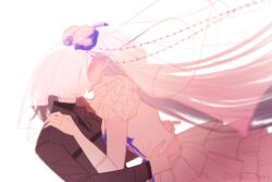  2girls blush bridal_veil chief_(path_to_nowhere) commentary_request cowboy_shot dress female_chief_(path_to_nowhere) graves_(path_to_nowhere) highres kiss korean_commentary mbcc_bori multiple_girls no_eyes path_to_nowhere veil wedding_dress white_background yuri 