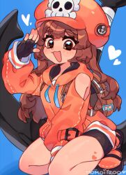  1girl :d absurdres anchor artist_name backpack bag bike_shorts black_gloves black_shorts blue_background brown_bag brown_eyes brown_hair clothing_cutout commentary english_commentary eyelashes fingerless_gloves gloves guilty_gear guilty_gear_strive hat heart highres hood hood_down hoodie long_hair long_sleeves looking_at_viewer may_(guilty_gear) momoiiroo newsboy_cap open_mouth orange_hat orange_hoodie orange_shoes shoes shorts shoulder_cutout skull_and_crossbones smile solo 