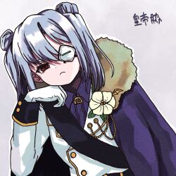  1girl closed_mouth collared_shirt commentary_request double_bun dutch_angle eyepatch flower frown gloves grey_background grey_hair hair_bun hand_up heaven_burns_red highres jacket leaf long_sleeves looking_at_viewer medium_hair official_alternate_costume one_eye_covered outline purple_shirt red_eyes shirt simple_background siromochino solo straight_hair thick_eyebrows translation_request twintails upper_body white_flower white_gloves white_jacket white_outline yamawaki_bon_ivar yamawaki_bon_ivar_(blue_sky_beyond_the_clouds) 