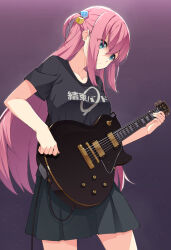  1girl black_shirt black_skirt blue_eyes bocchi_the_rock! breasts cowboy_shot cube_hair_ornament gotoh_hitori guitar hair_ornament highres holding holding_guitar holding_instrument holding_plectrum instrument long_hair medium_breasts mzrz pink_hair pleated_skirt plectrum shirt sidelocks skirt solo t-shirt 