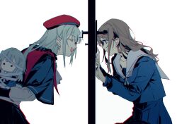  2girls bang_dream! bang_dream!_it's_mygo!!!!! beret black_capelet blue_serafuku blue_shirt blue_skirt brown_hair capelet character_doll commentary_request doll door e-fa-dorn earrings from_side green_hair grey_neckerchief hat highres holding holding_doll jewelry leaning_forward long_hair long_sleeves mortis_(bang_dream!) mortis_(costume)_(bang_dream!) mortis_(persona)_(bang_dream!) multiple_girls nagasaki_soyo neckerchief open_mouth pleated_skirt profile sailor_collar school_uniform serafuku shirt sidelocks sitting skirt sweatdrop tsukinomori_school_uniform wakaba_mutsumi white_background white_sailor_collar winter_uniform 