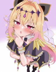  1girl :o absurdres antenna_hair black_dress black_thighhighs blonde_hair blush brooch commentary_request cure_arcana_shadow diamond_hairband dress earrings hair_intakes hand_on_own_chin heart heart_brooch highres jewelry leaning_forward long_hair looking_at_viewer magical_girl meitantei_precure! moria_luluka pink_eyes precure purple_veil thigh-highs veil very_long_hair yuzi124 zettai_ryouiki 