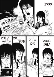  1girl animal_on_shoulder braid braided_ponytail cat cat_on_shoulder chainsaw_man collared_shirt commentary_request game_boy_advance glasses greyscale handheld_game_console highres holding holding_handheld_game_console holding_newspaper jacket k.rikina long_hair meowy_(chainsaw_man) monochrome nayuta_(chainsaw_man) necktie newspaper nintendo_3ds nintendo_ds nintendo_switch ringed_eyes semi-rimless_eyewear shirt suit_jacket sweat 