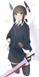  1girl absurdres black_gloves black_jacket black_necktie black_skirt black_thighhighs brown_hair collared_shirt commentary_request cosplay cowboy_shot cropped_legs fingerless_gloves floating_headgear fubuki_(kancolle) gloves green_eyes headgear highres holding holding_sword holding_weapon jacket kantai_collection long_sleeves looking_at_viewer low_ponytail ma_rukan naturally_detached_hair necktie ponytail shirt sidelocks signature simple_background skirt solo sparkle sword tenryuu_(kancolle) tenryuu_(kancolle)_(cosplay) thigh-highs weapon white_background white_shirt 