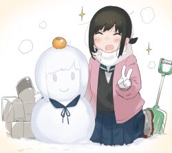  1girl black_hair black_jacket blue_skirt blush_stickers boots closed_eyes closed_mouth clouds coat commentary_request food fruit fubuki_(kancolle) gloves jacket kantai_collection kneeling looking_at_viewer ma_rukan mandarin_orange open_mouth pink_coat pleated_skirt rigging sailor_collar scarf shovel sidelocks simple_background skirt smile snowman solo star_(symbol) v white_background white_gloves winter winter_clothes 