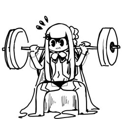  1girl amanogawa_shiina amanogawa_shiina_(1st_costume) barbell black_panties bow hair_ornament hetero jushikuroni long_hair navel panties phase_connect scissors_hair_ornament solo squatting sweat underwear very_long_hair virtual_youtuber weights 