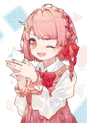  1girl ahoge blush bow bowtie braid duo-zi geometric_pattern hair_ornament hanayori_jyoshiryou highres kano_(hanayori_jyoshiryou) musical_note one_eye_closed orange_eyes own_hands_together pink_hair red_bow red_bowtie red_ribbon red_vest ribbon school_uniform shirt short_hair simple_background smile solo vest virtual_youtuber white_background white_shirt winking_(animated) x_hair_ornament 