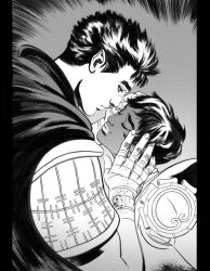 1boy 1girl bandaged_hand bandages berserk cape casca_(berserk) ciregiafran closed_eyes closed_mouth commentary commission dark-skinned_female dark_skin greyscale guts_(berserk) looking_at_another monochrome pillarboxed scar scar_on_face scar_on_nose short_hair smile thick_eyebrows traditional_media 