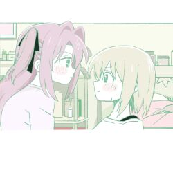  2girls bed black_ribbon blush closed_mouth commentary eye_contact grey_hair hair_intakes hair_ribbon indoors kamiina_botan kamiina_botan_yoeru_sugata_wa_yuri_no_hana kitunenosousuke looking_at_another multiple_girls pink_hair profile ribbon short_hair tonami_ibuki two_side_up untranslatable_commentary yuri 