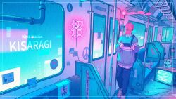  1boy backpack bag black_pants commentary_request grey_sweater handheld_game_console hat holding holding_handheld_game_console long_sleeves male_focus maneki-neko nintendo_switch original pants pink_shoes red_hat shoes sneakers solo standing sweater train_interior wacca005 