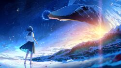  1girl absurdres barefoot beach black_hair black_sailor_collar black_skirt blue_sky clouds commentary_request fantasy fapka feet from_behind highres ocean original petals pleated_skirt reflective_surface sailor_collar scenery school_uniform shirt short_hair short_sleeves skirt sky solo standing star_(sky) sun waving whale white_shirt 