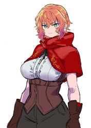  1girl arms_at_sides breasts brown_corset brown_gloves brown_pants capelet colored_sidelocks corset earrings flower_earrings framed_breasts gloves green_eyes hair_between_eyes highres hood hood_down hooded_capelet jewelry large_breasts light_frown little_red_riding_hood_(fairy_tale) medium_hair orange_hair pants rao_(live-w) red_capelet shirt wavy_hair white_shirt 