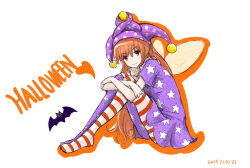  2015 alternate_color alternate_eye_color alternate_hair_color american_flag american_flag_legwear american_flag_print arms_on_knees bat_(animal) closed_mouth clownpiece dated english_text flag_print halloween hat jester_cap kashiwada_kiiho long_hair orange_eyes orange_hair pink_hat polka_dot sitting smile star_(symbol) star_print touhou 