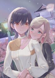  2girls absurdres black_hair black_shirt blue_eyes blush ceras_yanagida_lilienfeld ceras_yanagida_lilienfeld_(winter_casual) closed_mouth collarbone commentary edel_note eye_contact grey_hair hair_ornament highres ishikawa_prefecture jellyfish_cut kanazawa_(city) kanazawa_castle katsuragi_izumi katsuragi_izumi_(winter_casual) kobassy link!_like!_love_live! long_sleeves looking_at_another love_live! multiple_girls orange_eyes outdoors real_world_location shirt slit_pupils smile sweater triangle_hair_ornament upper_body virtual_youtuber white_sweater 