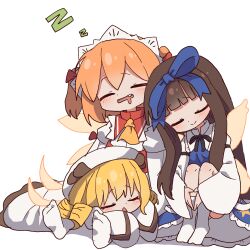  3girls blonde_hair blue_dress brown_hair closed_eyes closed_mouth commentary dress drooling fairy fairy_wings hat highres long_hair long_sleeves luna_child lying magg_(user_mtca8588) mouth_drool multiple_girls no_shoes open_mouth orange_hair red_dress simple_background sitting sleeping smile socks star_sapphire sunny_milk touhou touhou_sangetsusei white_background white_dress white_hat white_socks wings zzz 
