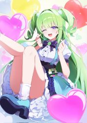  1girl balloon blue_eyes blue_shoes blue_skirt bow bowtie center_frills chaum chico_(yuzuha_riko) confetti four-leaf_clover_ornament frilled_shirt frilled_skirt frills green_hair hair_ornament heart heart_balloon heart_hands highres long_hair multicolored_eyes multicolored_hair one_eye_closed open_mouth pom_pom_(clothes) pom_pom_hair_ornament puffy_short_sleeves puffy_sleeves purple_bow purple_bowtie shirt shoes short_sleeves skirt socks stellive streaked_hair teeth two_side_up upper_teeth_only very_long_hair virtual_youtuber white_hair white_shirt white_socks yuzuha_riko 