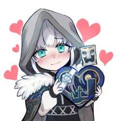  1girl add_(fate) aqua_eyes black_cloak black_dress blush box chibi cloak cube discat dress fate/grand_order fate_(series) fur-trimmed_cloak fur_trim gift gift_box gray_(fate) grey_hair heart heart-shaped_box hood hooded_cloak long_sleeves looking_at_viewer medium_hair sidelocks smile 