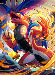  claws colored_sclera commentary_request fangs fire highres koraidon no_humans open_mouth pokemon pokemon_(creature) pokemon_focus saito_emu skin_fangs tongue webbed_hands yellow_sclera 