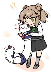  !? animal animalization bow bowtie brown_eyes brown_hair cat collared_shirt commentary_request curse_(023) donut_hair_bun double_bun dress dress_shirt full_body green_bow green_bowtie hair_bun holding holding_animal holding_cat kantai_collection long_sleeves longcat_(meme) meme michishio_(kancolle) michishio_kai_ni_(kancolle) pinafore_dress school_uniform serafuku shigure_(kancolle) shirt short_twintails simple_background sleeveless sleeveless_dress twintails white_background white_cat white_shirt 
