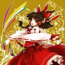  :d bare_shoulders bell brown_eyes brown_hair detached_sleeves hair_ribbon hair_tubes hakurei_reimu jingle_bell kagura_suzu mecco miko open_mouth ribbon short_hair smile solo touhou wide_sleeves 